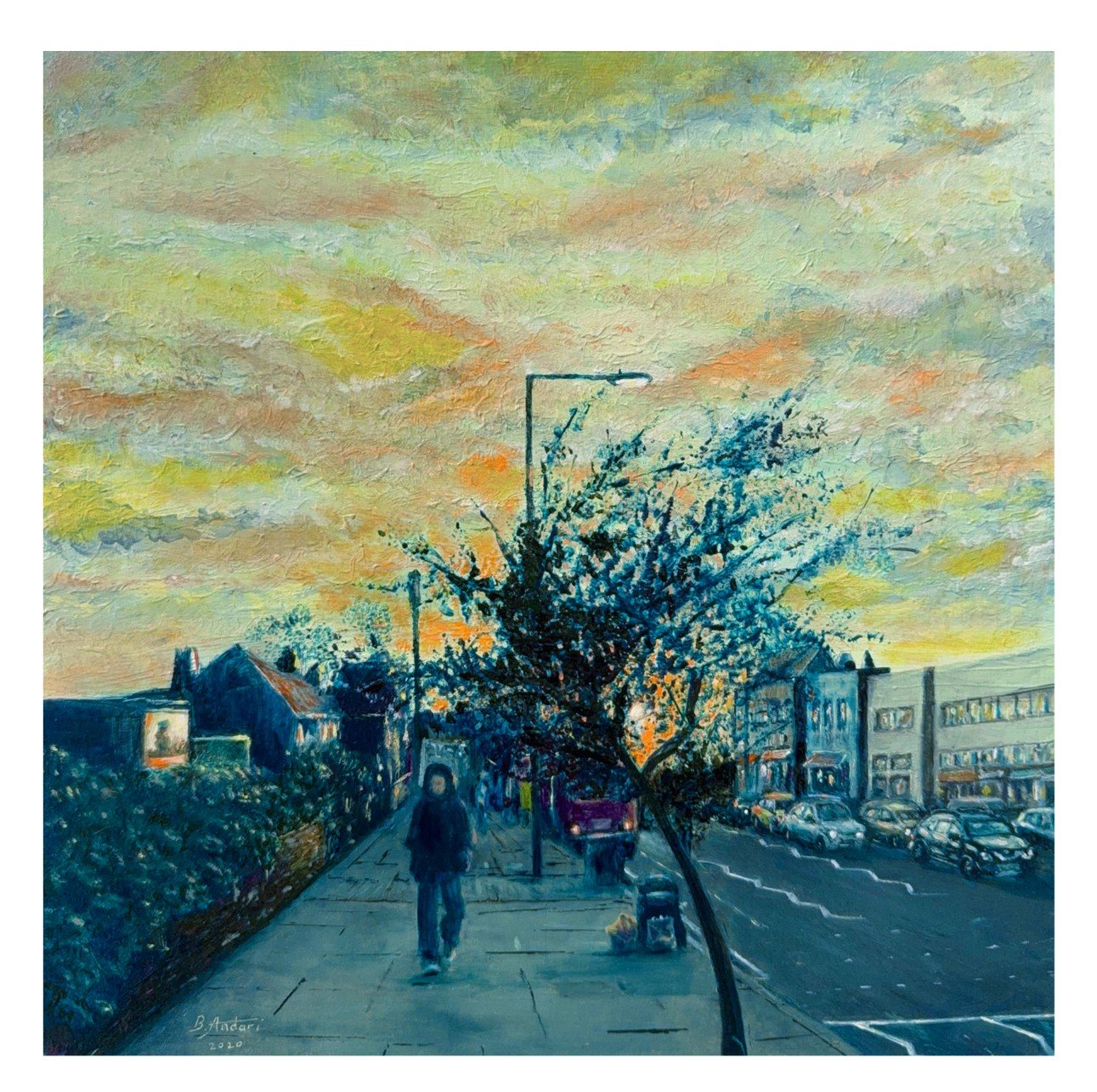 The setting sun turns the sky into an artist's palette in this oil painting by Lebanese British artist Bassam Andari.