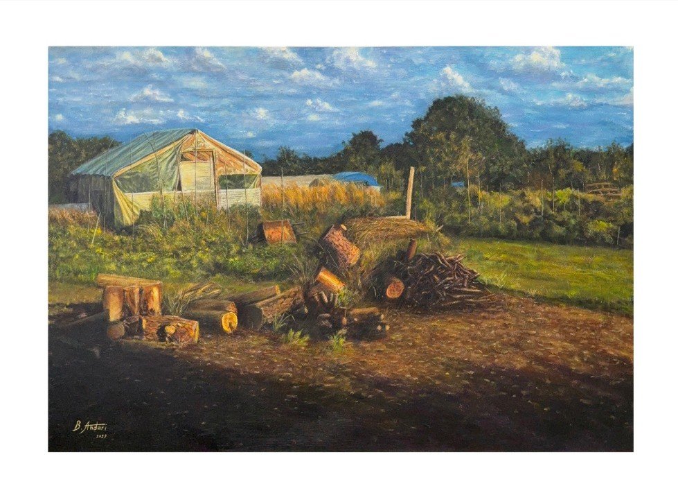 Limited edition giclée print of a vibrant oil painting showing a London suburb alltment catching sunlight as the sun sets behind trees with shadows creating a stunning colour contrast