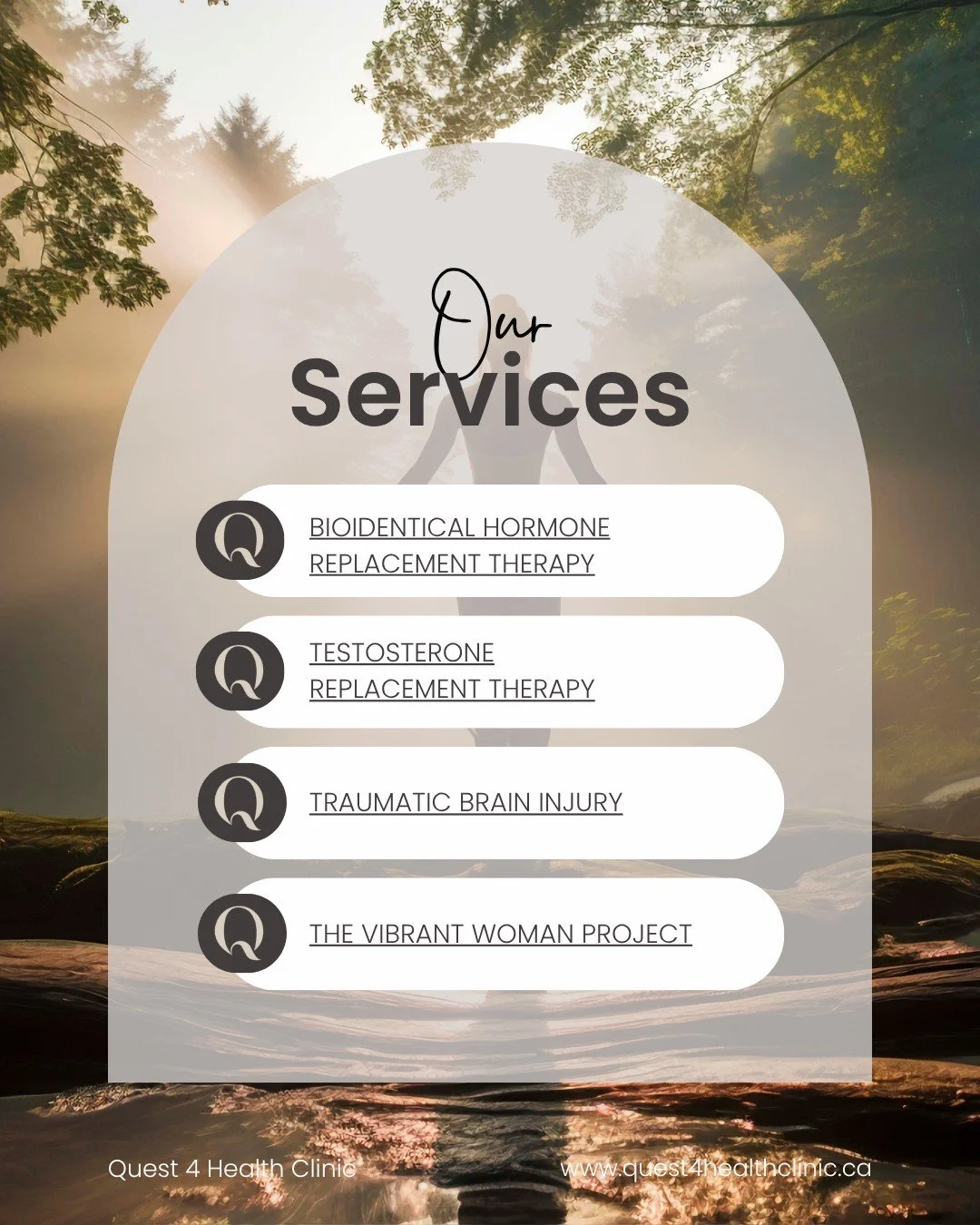 Your wellness journey deserves more than a one-size-fits-all approach, and at @Quest4HealthClinic, we&rsquo;re here to help you thrive. 🌿

We offer:
✨ BHRT for hormone balance and vitality
✨ Testosterone Replacement Therapy for energy, strength &amp