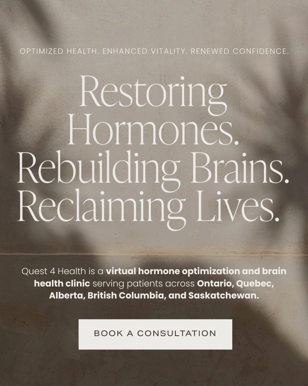 Your health, your home, your pace.

Quest 4 Health is a fully virtual hormone optimization and brain health clinic supporting patients across ON, QC, AB, BC &amp; SK.

Personalized care. Expert guidance. Real results.
Book your consultation today. ✨
