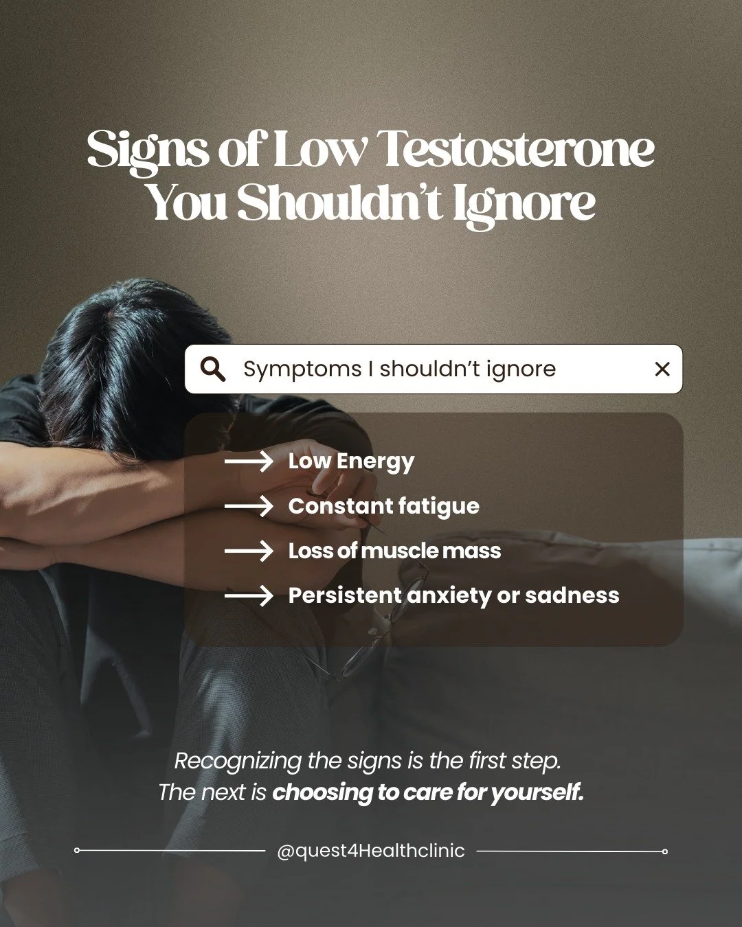 Low energy. Brain fog. Reduced strength or motivation?

These could be signs of low testosterone.

Recognizing the signs is the first step toward better health and vitality 💪

📍 Book a consultation with Quest 4 Health to learn more.

#Quest4Health 