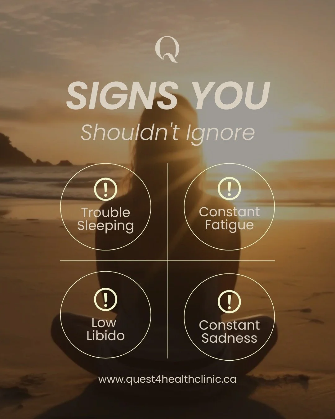 Trouble sleeping?
Always exhausted?
Low libido or persistent low mood?

Don&rsquo;t ignore the signs. Your body is telling you something.

Book a consultation with Quest 4 Health and take the first step toward feeling like yourself again.

#Quest4Hea