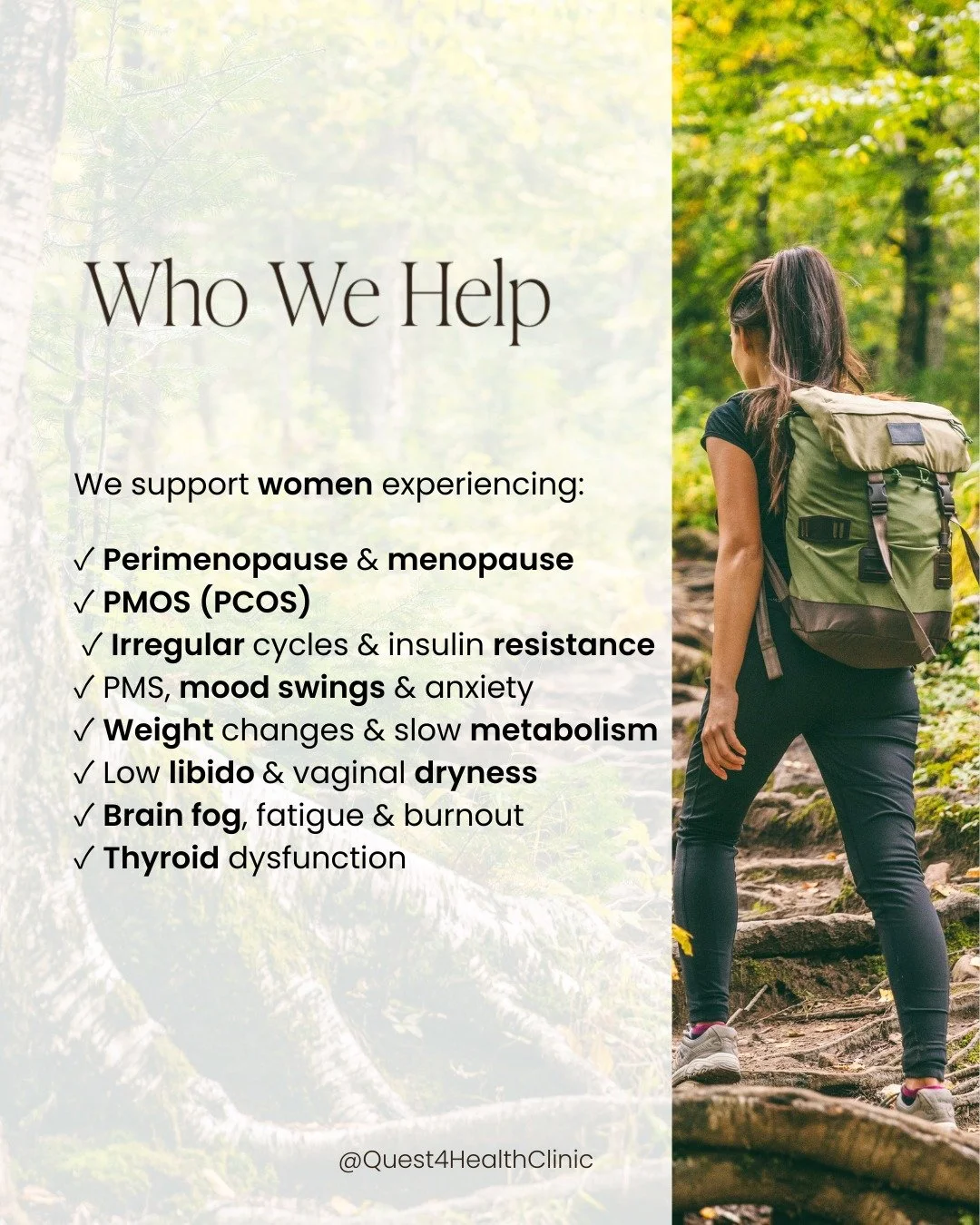 We support women experiencing:

✓ Perimenopause &amp; menopause
✓ PMOS (PCOS)
✓ Irregular cycles &amp; insulin resistance
✓ PMS, mood changes &amp; anxiety
✓ Weight changes &amp; slow metabolism
✓ Low libido &amp; vaginal dryness
✓ Brain fog, fatigue