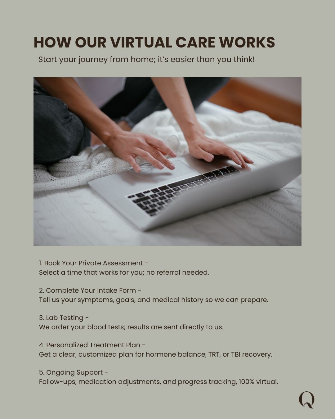 Getting started with virtual healthcare is simpler than you might think.

We know trying something new can feel overwhelming, especially when it comes to your health. That's why we've designed our process to be straightforward, personalized, and focu