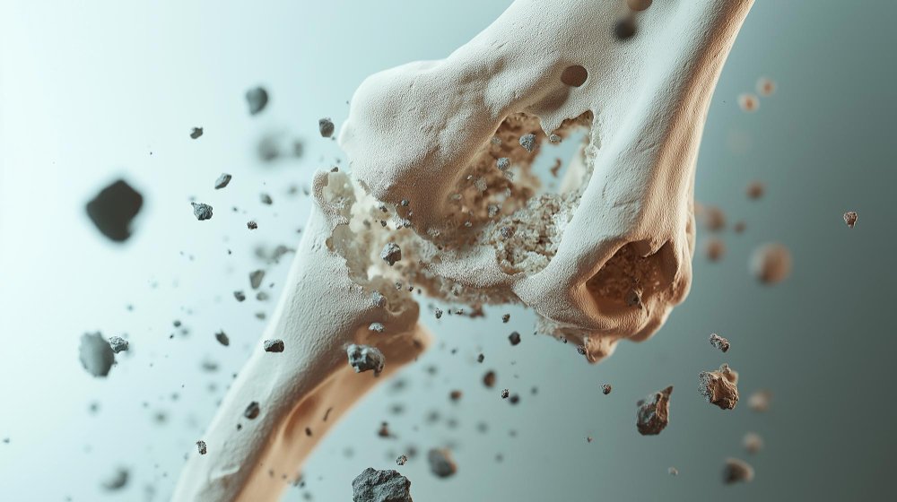 3D illustration of a fragile bone breaking apart, representing osteoporosis, weakened bone density, and the critical role of hormones like estrogen and testosterone in maintaining bone health.