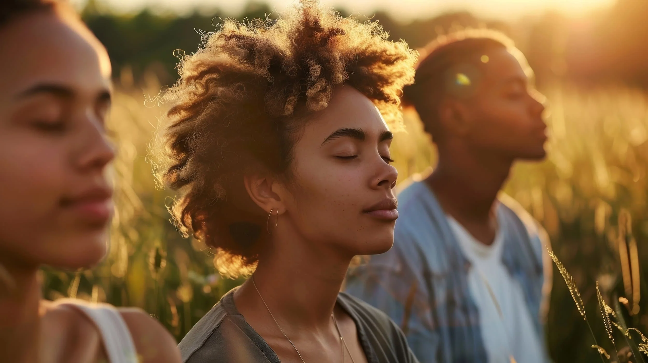 Group of people sitting outdoors with eyes closed, practicing calm breathing in a sunlit field