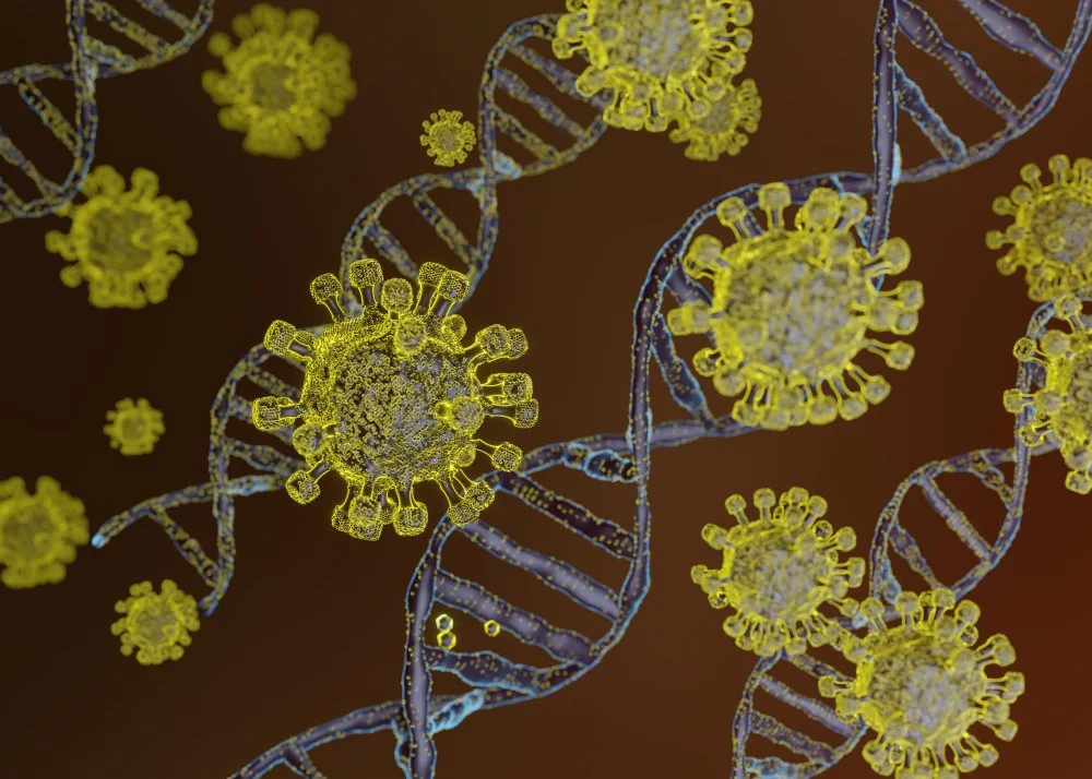 Abstract image of pathogens and DNA helix, symbolizing hormonal influence on immune system