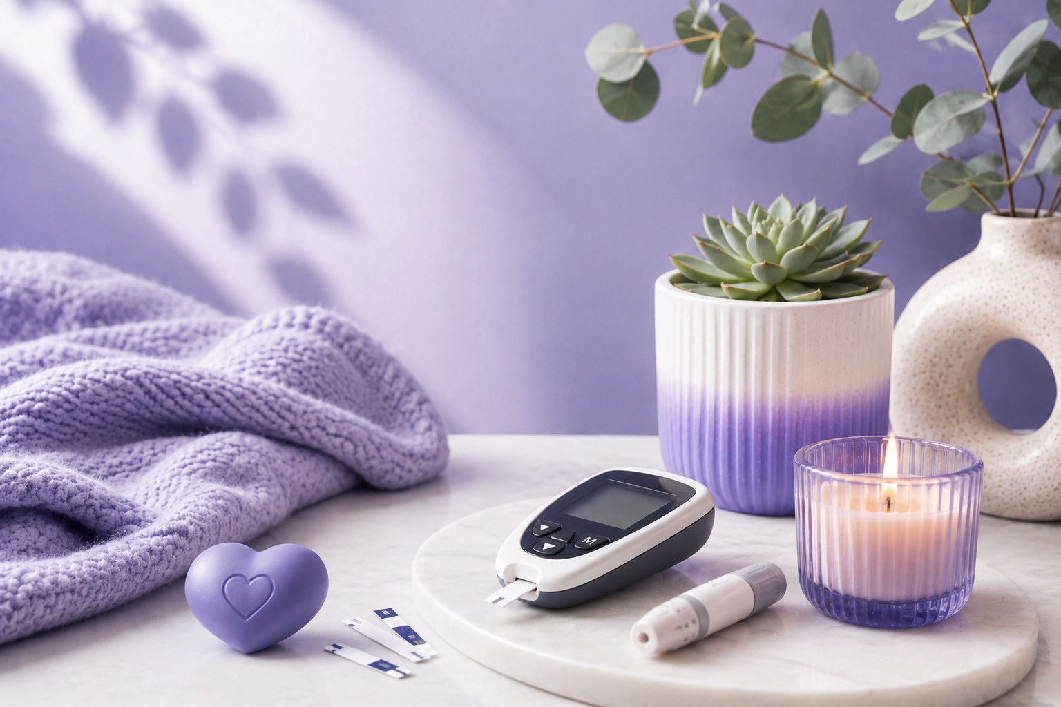 Diabetes care supplies in a calming wellness setting for diabetes and chronic illness therapy.