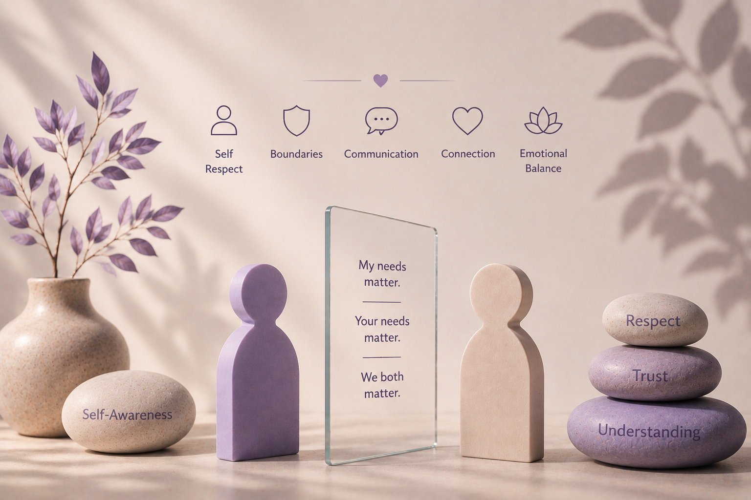 Visual representing healthy boundaries, communication, emotional regulation, trust, and relationship therapy.