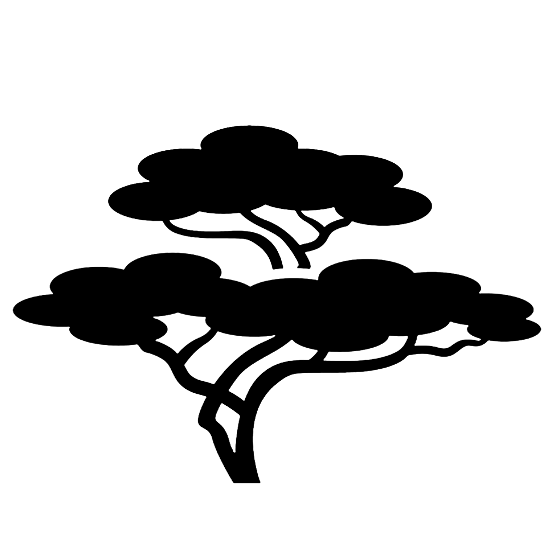 Outline of a tree with a thick trunk, multiple branches, and a broad canopy with rounded leaves.
