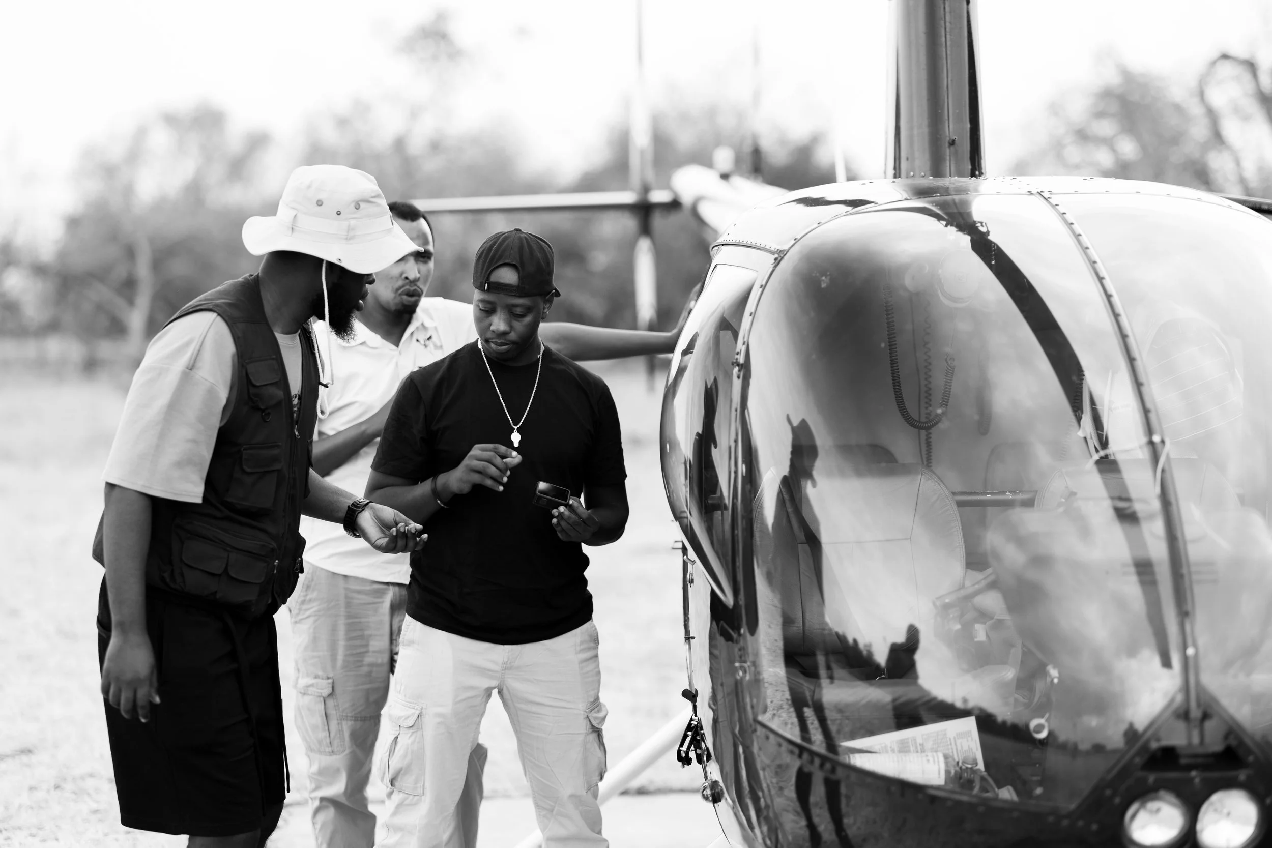 James Rooney briefing DP Harris Regis about the aerial shoot.