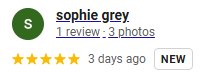 Sophie Grey's online review profile showing one review, three photos, and a 5-star rating, posted three days ago.