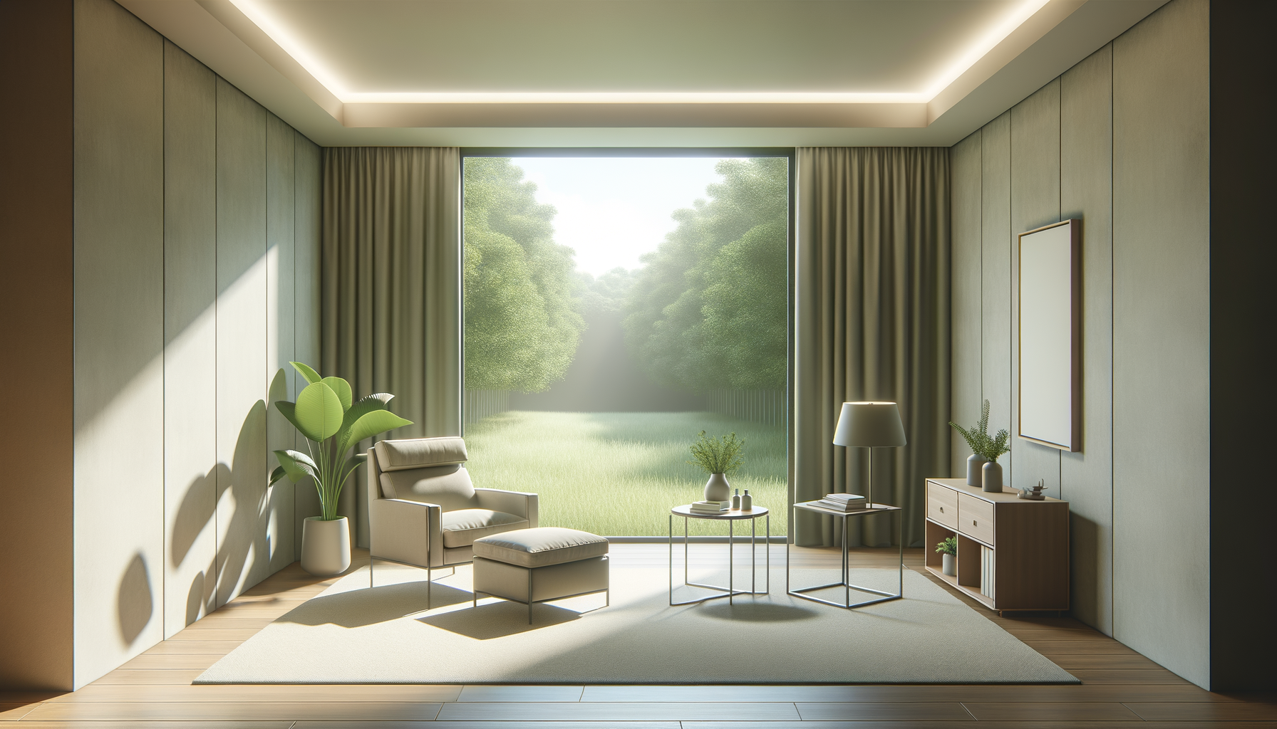 A modern living room with a large window showing a green outdoor landscape, including trees and grass. The room contains a beige armchair with matching ottoman, a side table with plants, a lamp, and a wall-mounted frame. There are green curtains on either side of the window, and the room has light-colored walls and wood flooring.