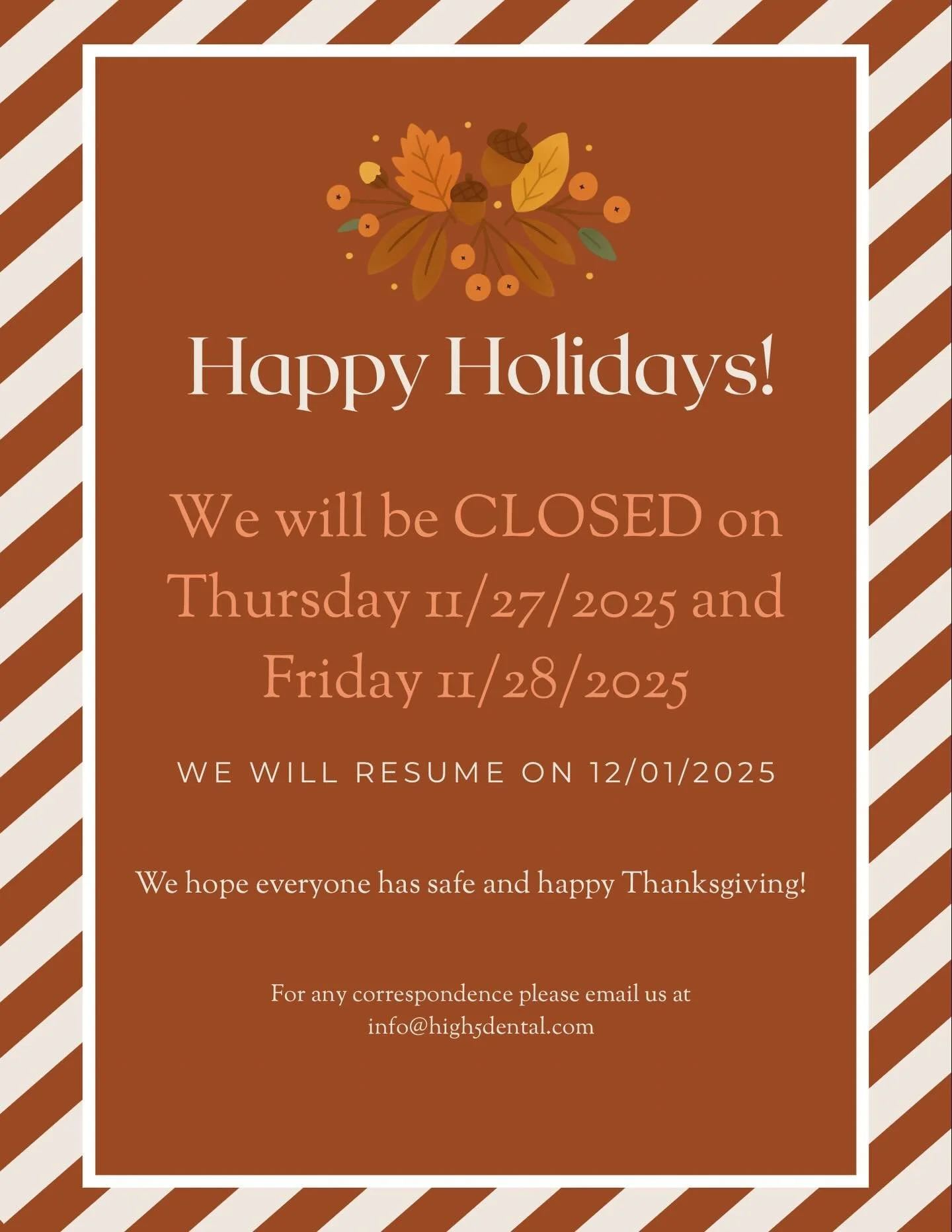 Happy Holidays! We are wishing our families a joyful and safe Thanksgiving! 🧡 We will be closed on 11/27 and 11/28 for the holiday and we&rsquo;ll reopen on 12/01. Have a wonderful weekend! We&rsquo;re thankful for you all! 🧡