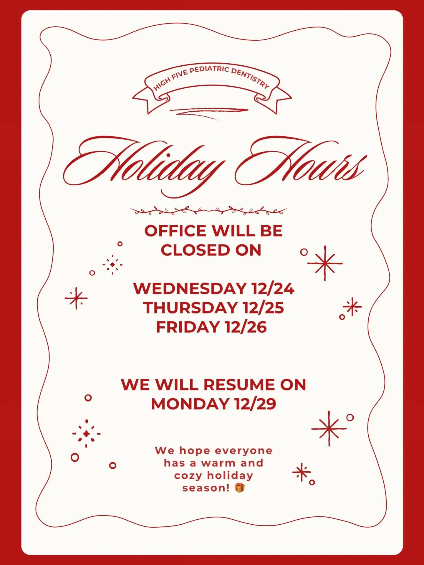 Just a friendly reminder for our families! ☃️ We will be taking a short break for the holidays but we&rsquo;ll be back and ready to see your smiles on 12/29. 😊🩵 We hope you enjoy this time with your friends and family✨