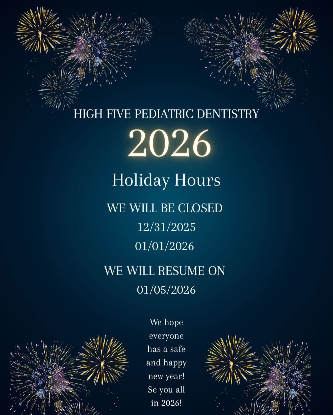 ✨Holiday Hours Notice! ✨
As we celebrate the holidays with our families, our office hours will be temporarily adjusted! Thank you for understanding, we can&rsquo;t wait to see all your smiles soon! 🎆😊
