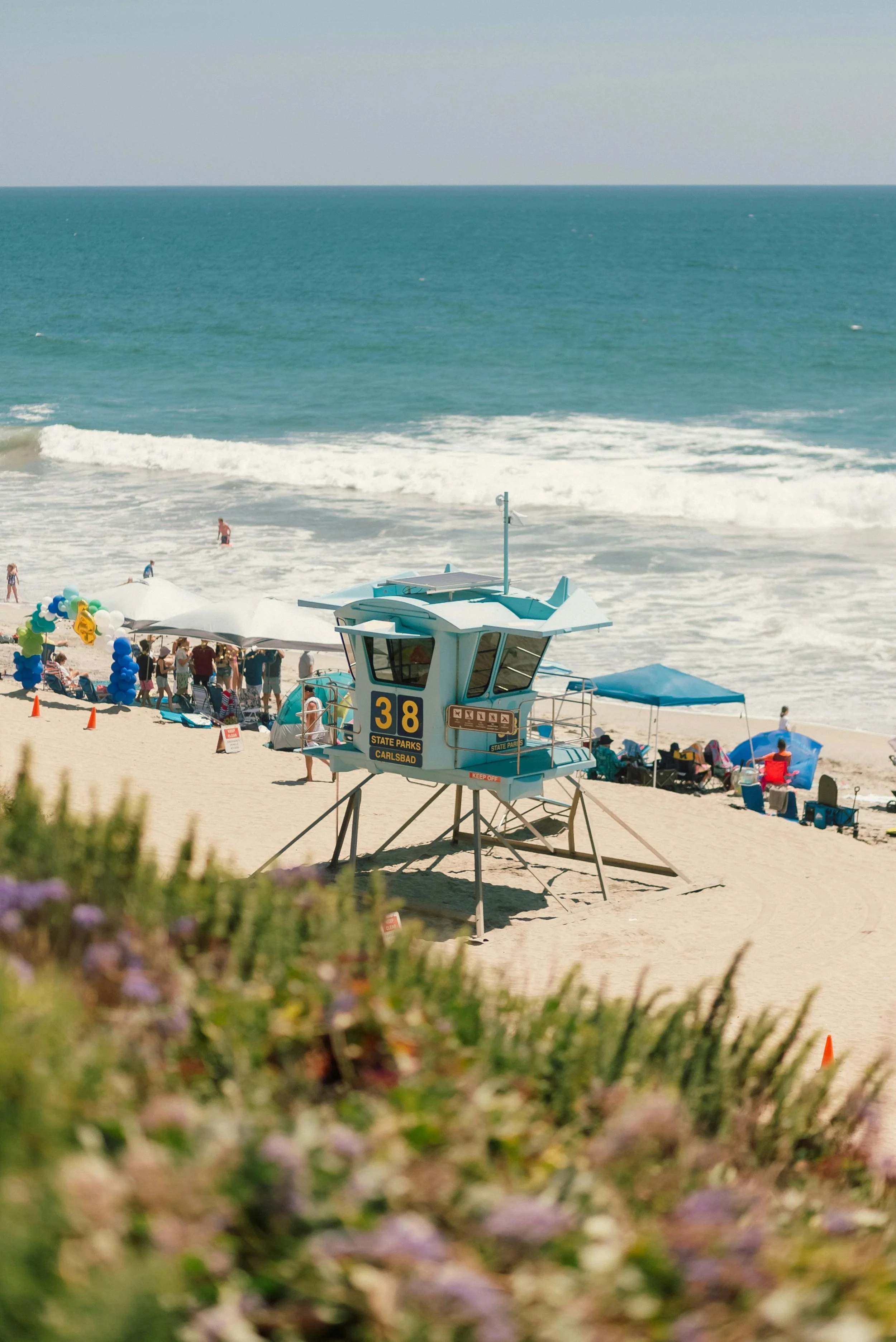 Lifeguard stand on beach in Carlsbad, CA