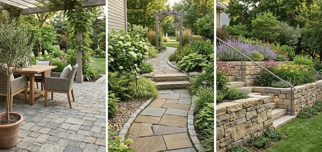Three sections of a backyard garden with stone pathways and lush green plants. The left section shows a patio with a table and four chairs, trees and bushes. The middle section features a winding stone pathway with arched trellis, plants, and shrubs. The right section displays a terraced garden with stone retaining walls, stairs, and colorful flowers.