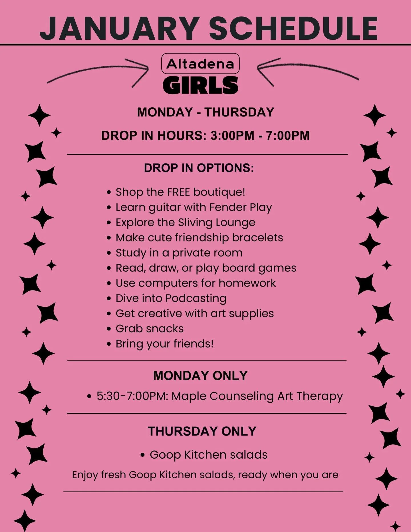 New year, new hours! We are thrilled the announce that Altadena Girls will now be open Monday - Thursday 3pm-7pm! Girls 13-17, come shop, study, have a snack and hang out!