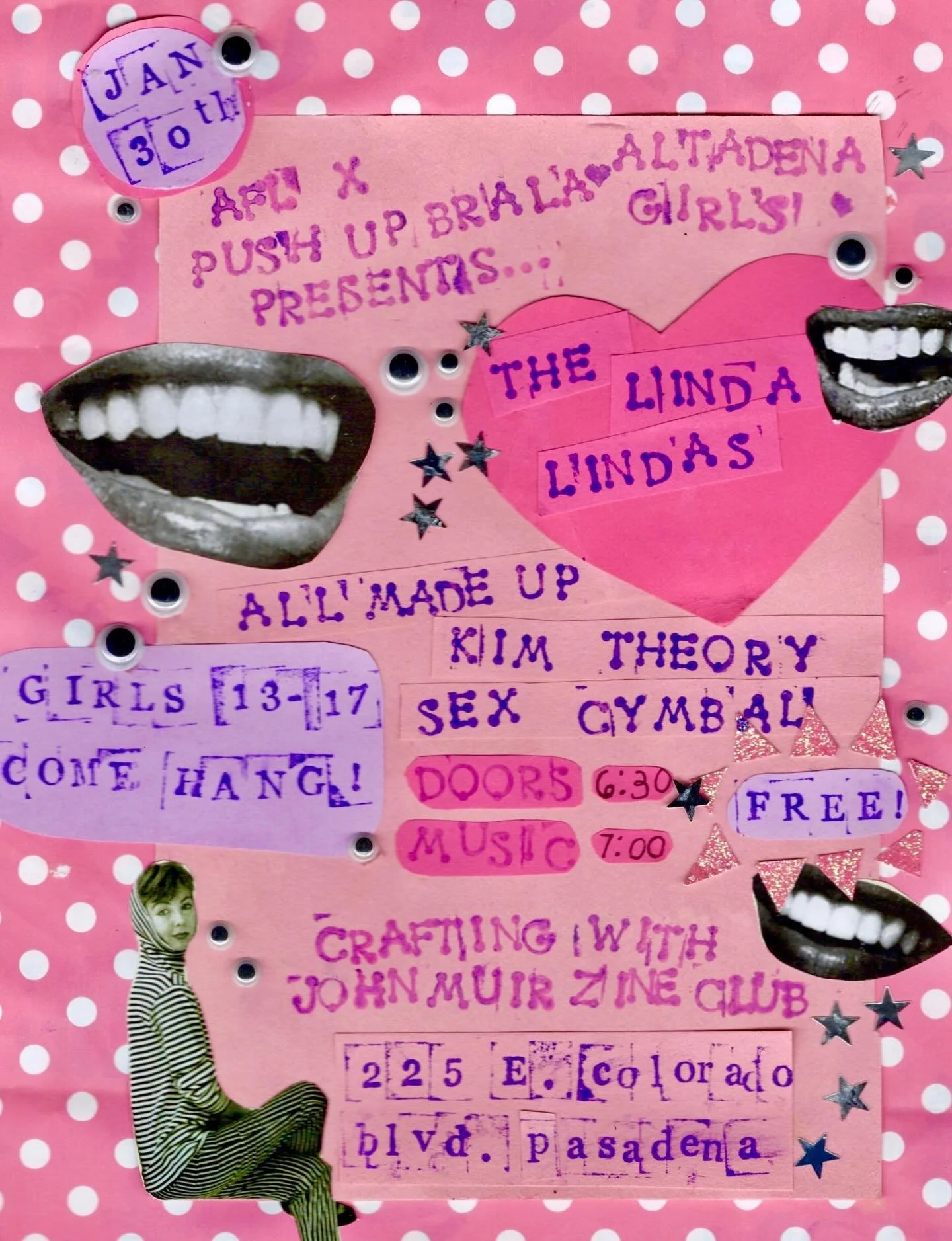 Altadena Girls x @pushupbra.la x @afl.productions 

The Linda Lindas, All Made Up, Kim Theory, and Sex Cymbal will perform
Friday, January 30
Doors 6:30pm | Show 7pm

Girls ages 13&ndash;17 &mdash; save your spot via the link in our bio

Member spots
