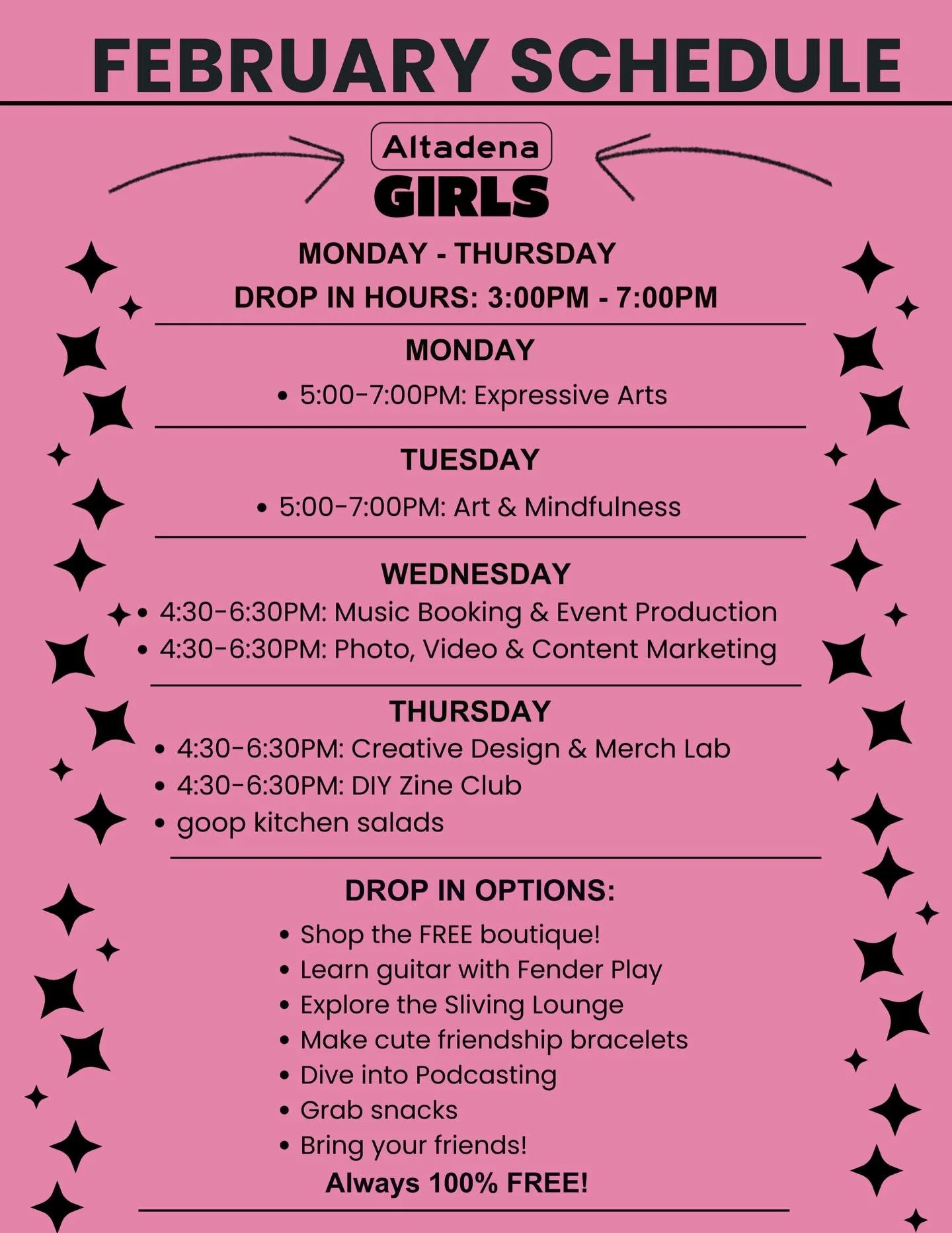 February Fun at Altadena Girls! 💖 Create art, make music, hang out, shop the boutique, grab snacks and bring your friends! All for FREE!

Girls 13&ndash;17: Come as you are &amp; stay as long as you&rsquo;d like.
Sign up at the link in our bio!
