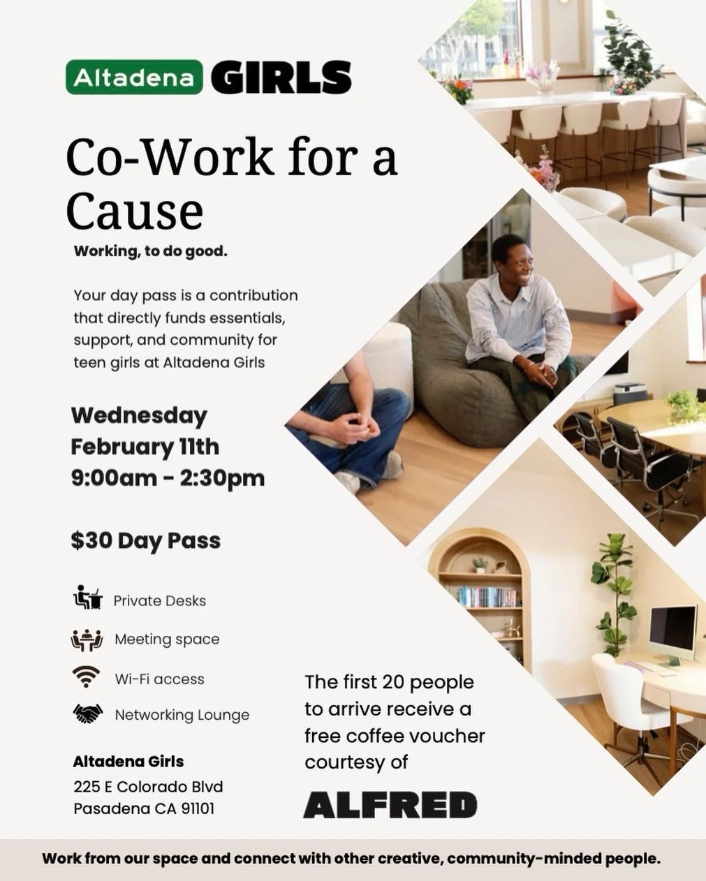 Where you work can make a difference 💻✨Co-Work for a Cause with us at Altadena Girls and your day pass directly funds essentials, support, and community for teens at Altadena Girls 💕 

Join us Wednesday, February 11th 9am -2:30pm &amp; the first 20