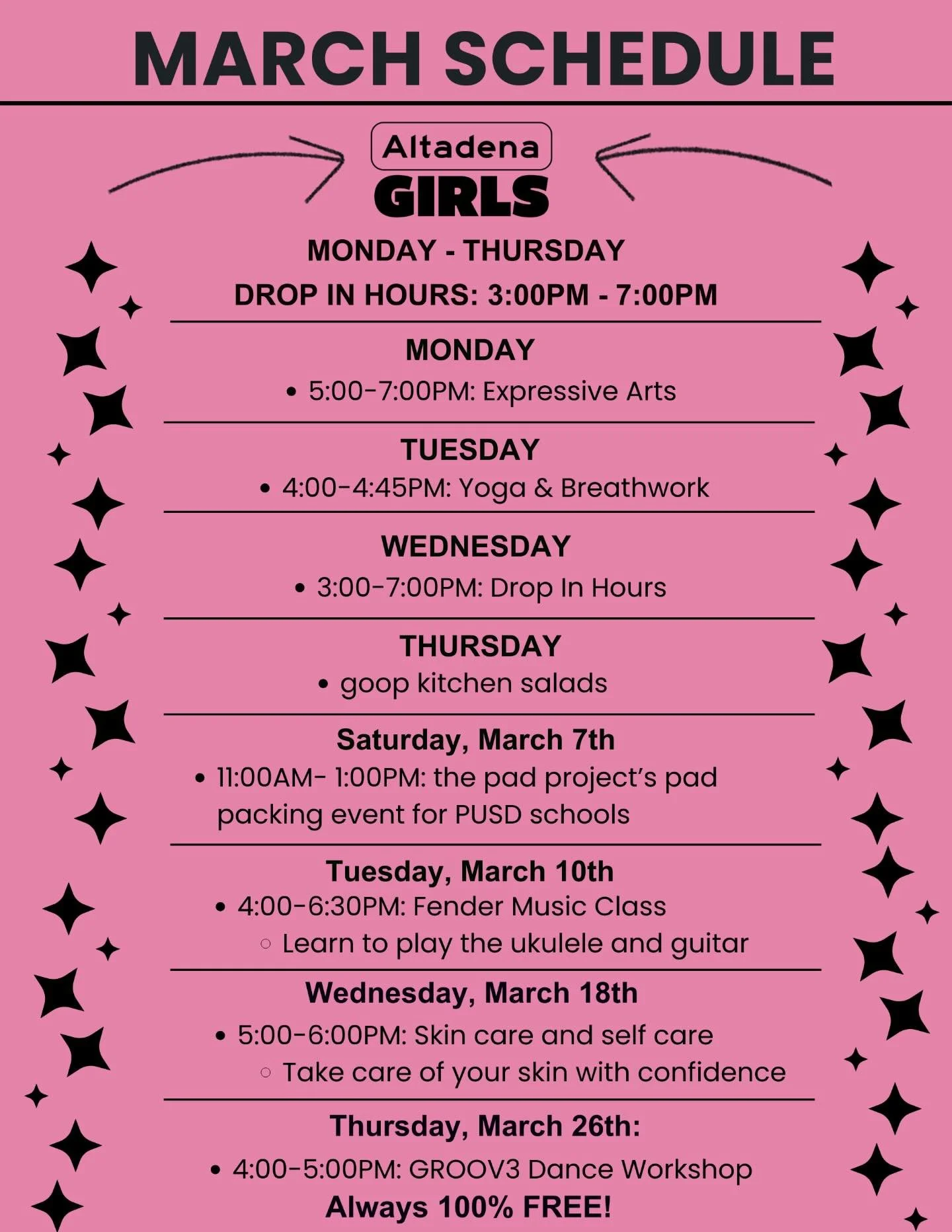 March at Altadena Girls! 💜

This Women&rsquo;s History Month, we&rsquo;re celebrating the girls who make this space come alive. Your ideas, your style, your creativity, your voice.

Girls 13&ndash;17: come shop the boutique, express yourself through