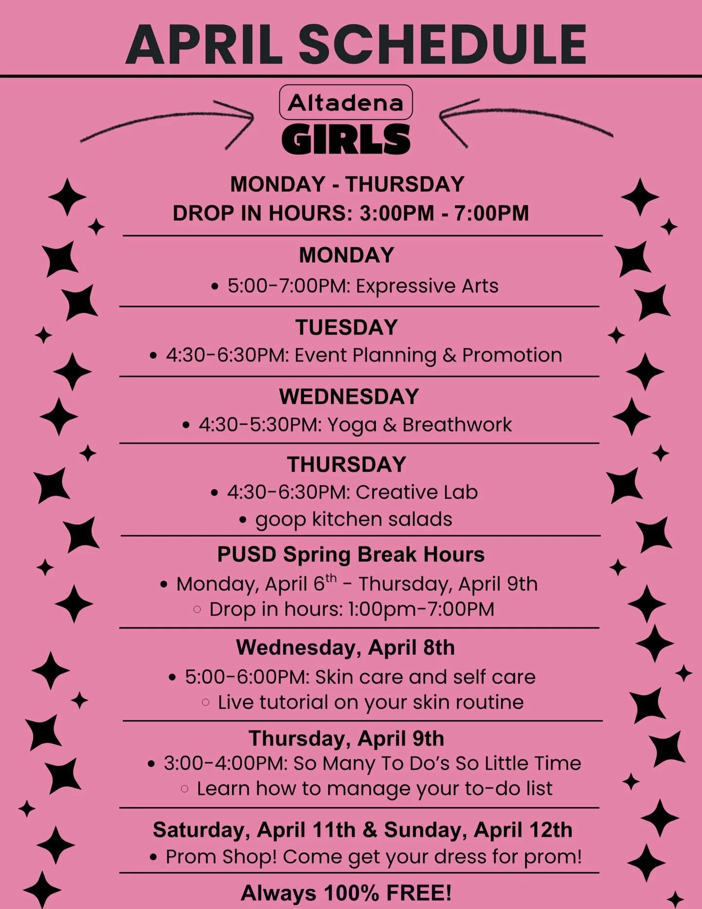 April at Altadena Girls 💐

A space to feel like yourself, try something new, and be part of a community that gets you 🫶

Girls 13 to 17: come shop, create, study, snack, and hang with friends, all for free! We can&rsquo;t wait to see you!