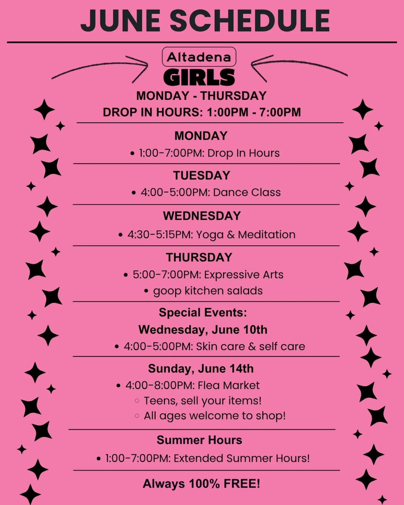 June schedule just dropped.

Dance. Yoga. Art. Self care. New friends. Summer afternoons at the clubhouse.

Monday&ndash;Thursday | 1&ndash;7 PM

Special events:
&bull; June 10: Skin Care + Self Care
&bull; June 14: Teen Flea Market

Want to be the f