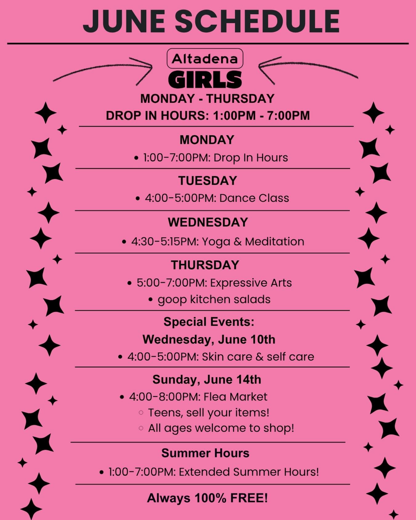 June schedule just dropped.

Dance. Yoga. Art. Self care. New friends. Summer afternoons at the clubhouse.

Monday&ndash;Thursday | 1&ndash;7 PM

Special events:
&bull; June 10: Skin Care + Self Care
&bull; June 14: Teen Flea Market

Want to be the f