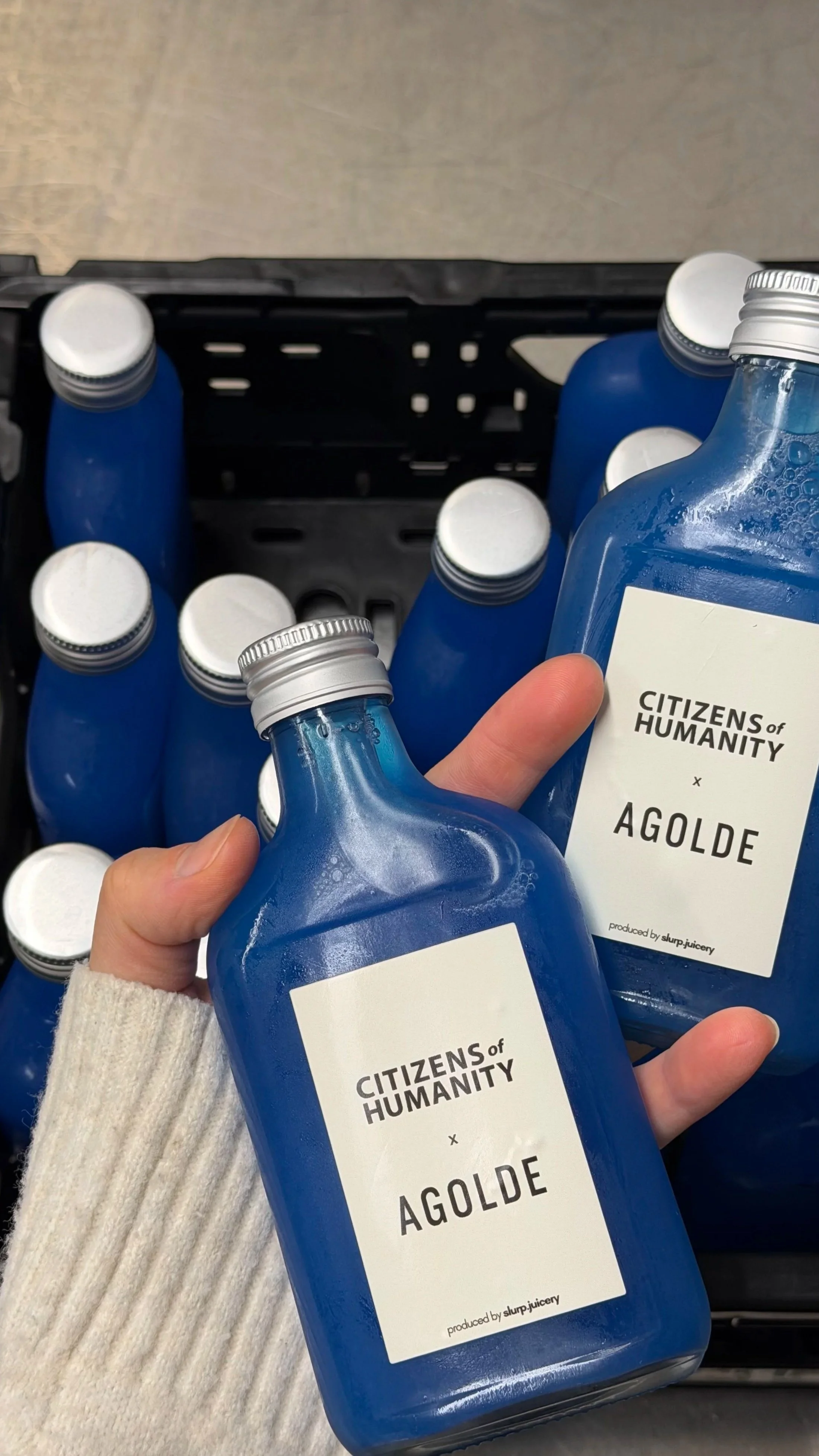 close up of individually branded juices for a brand collaboration 