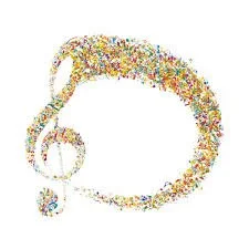 A colorful treble clef symbol made of multicolored tiny objects, resembling a mosaic or collage.