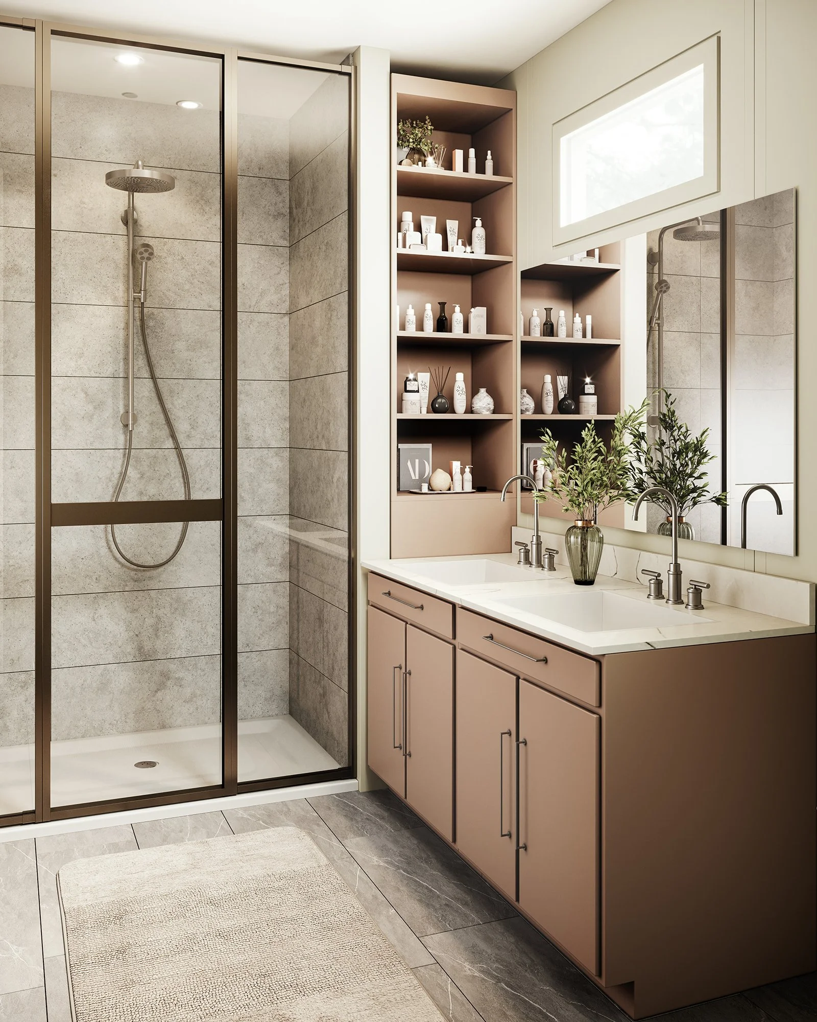 SupReMo bathroom with a walk-in shower and modern vanity