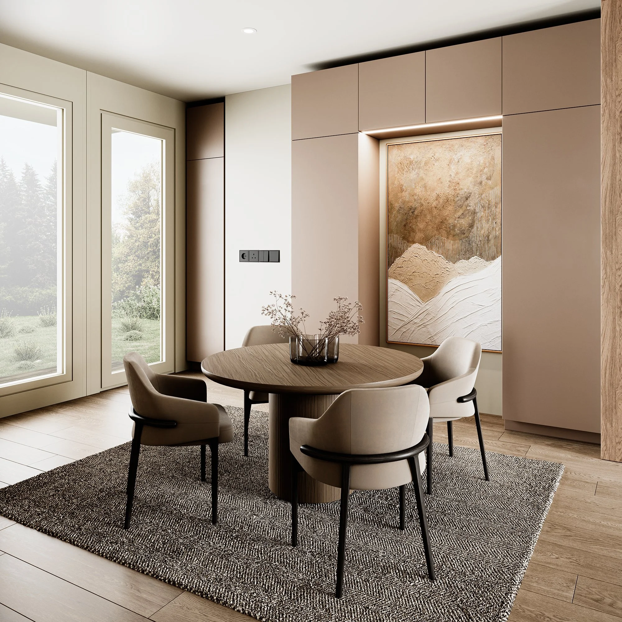 SupReMo dining room with built-in cabinetry and large windows