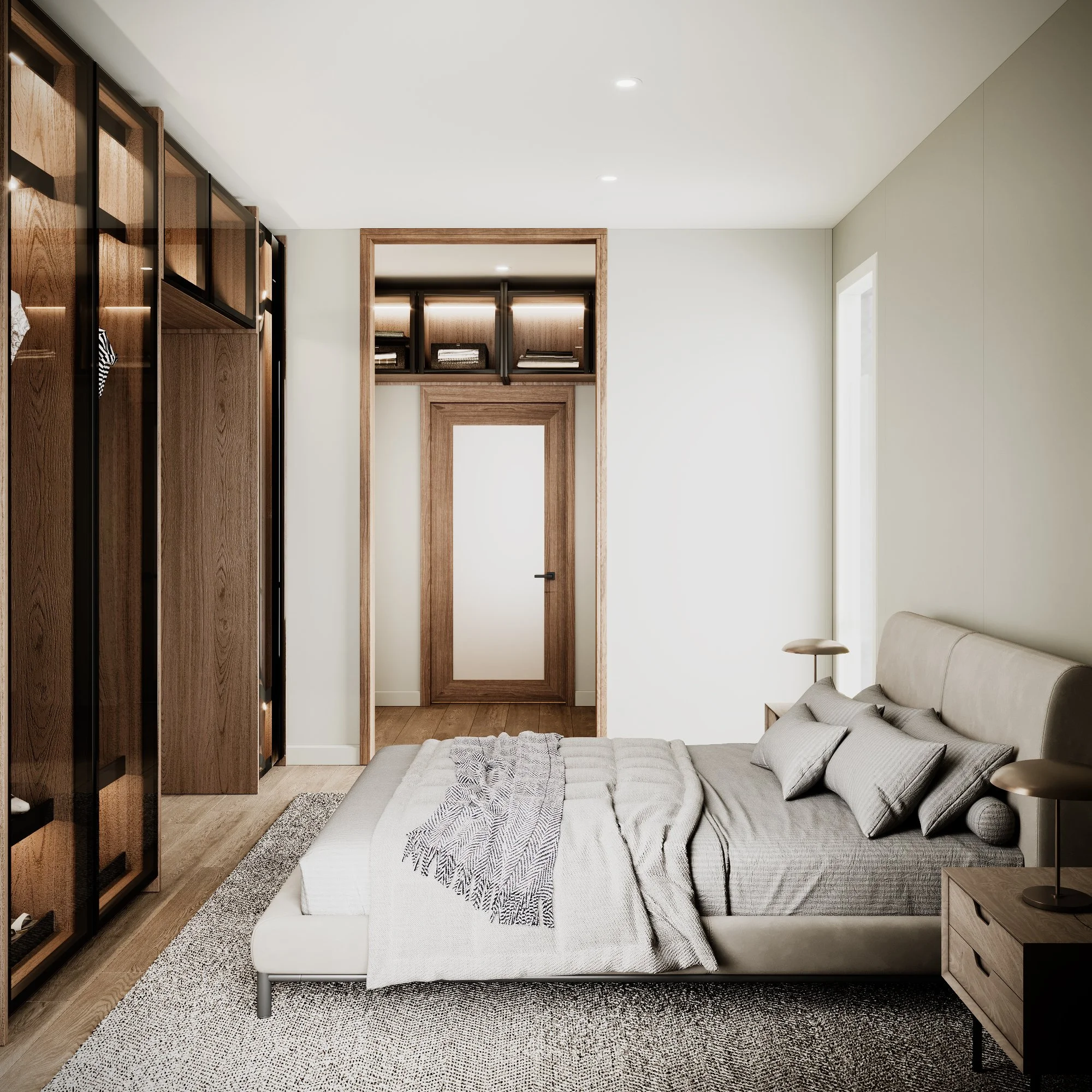 SupReMo bedroom with built-in storage and large windows