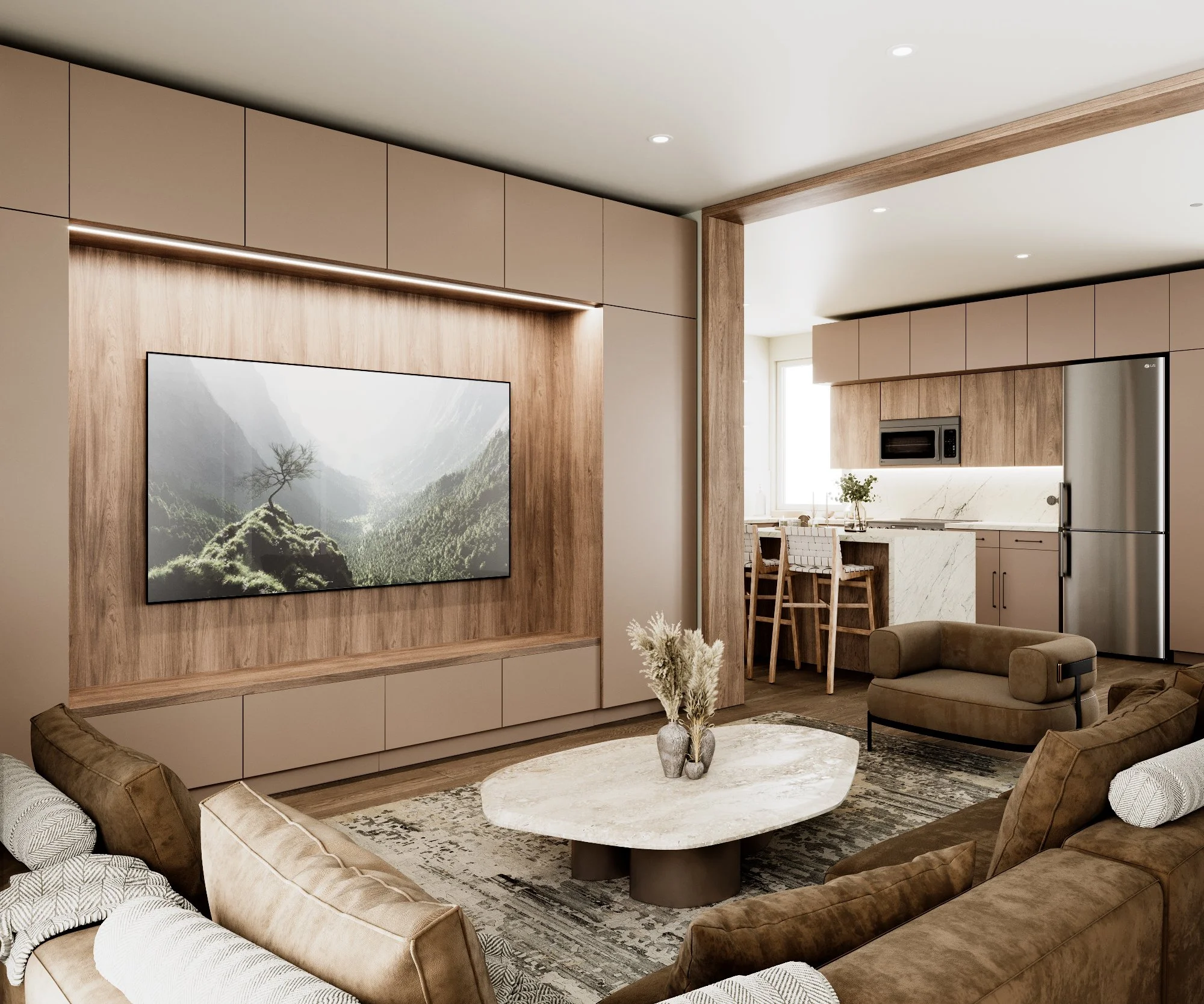SupReMo living room with built-in media wall and open view to the kitchen