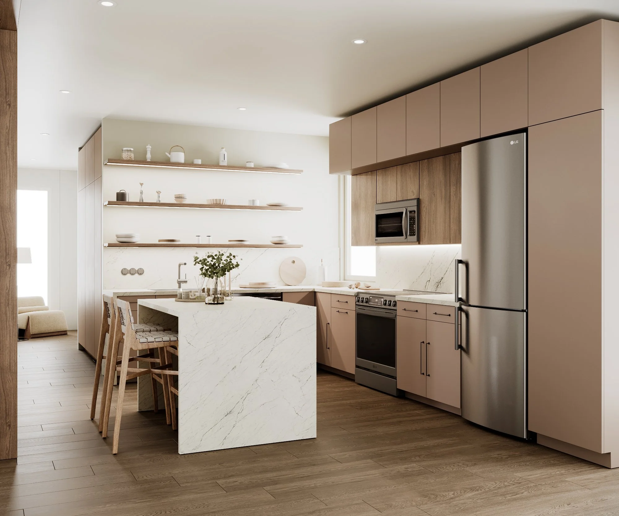 SupReMo kitchen with an island, full-height cabinetry, and stainless-steel appliances
