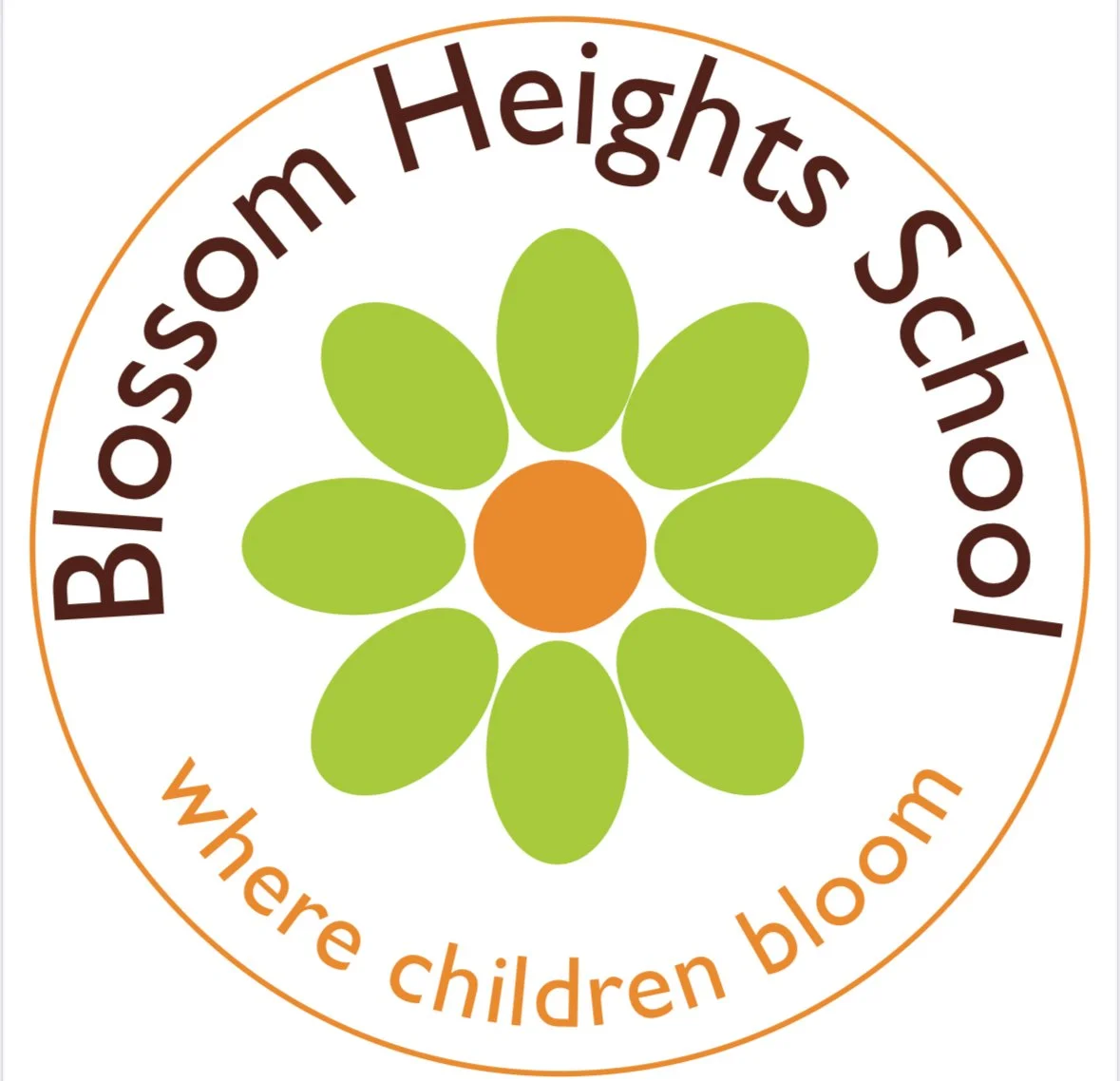 Logo with a flower design, green petals, orange center, and surrounding text reading 'Bloom Heights School' and 'where children bloom'.