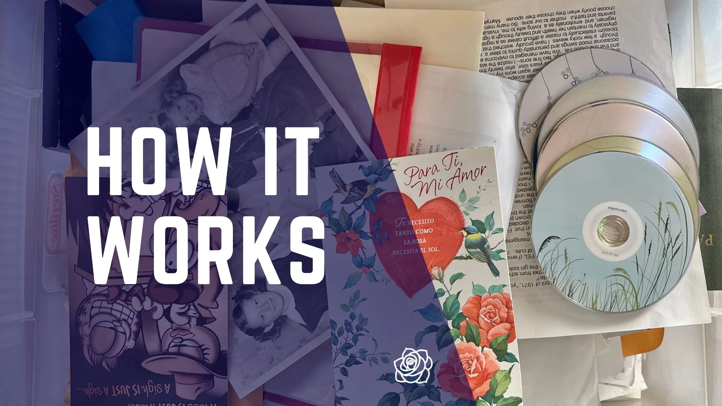 A table with several CDs, greeting cards, black-and-white photographs of a woman and a young girl, a spiral-bound notebook, some papers, and a stack of cartoon comic books. There is a large overlay with the text "HOW IT WORKS" in white.
