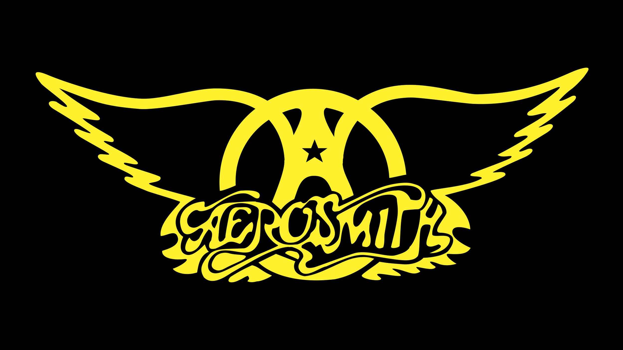 Yellow Aerosmith logo with wings and a star on black background.