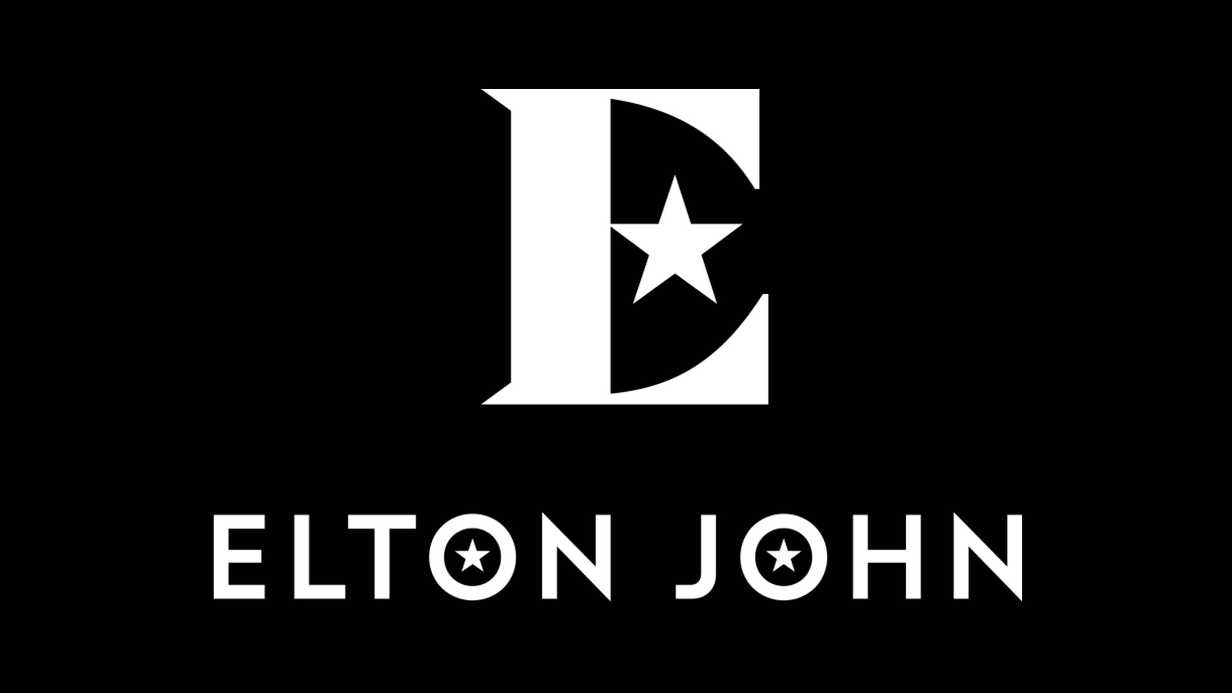 Black background with a large white letter 'E' containing a star, above the name 'Elton John' in white text, with stars inside the letters O.