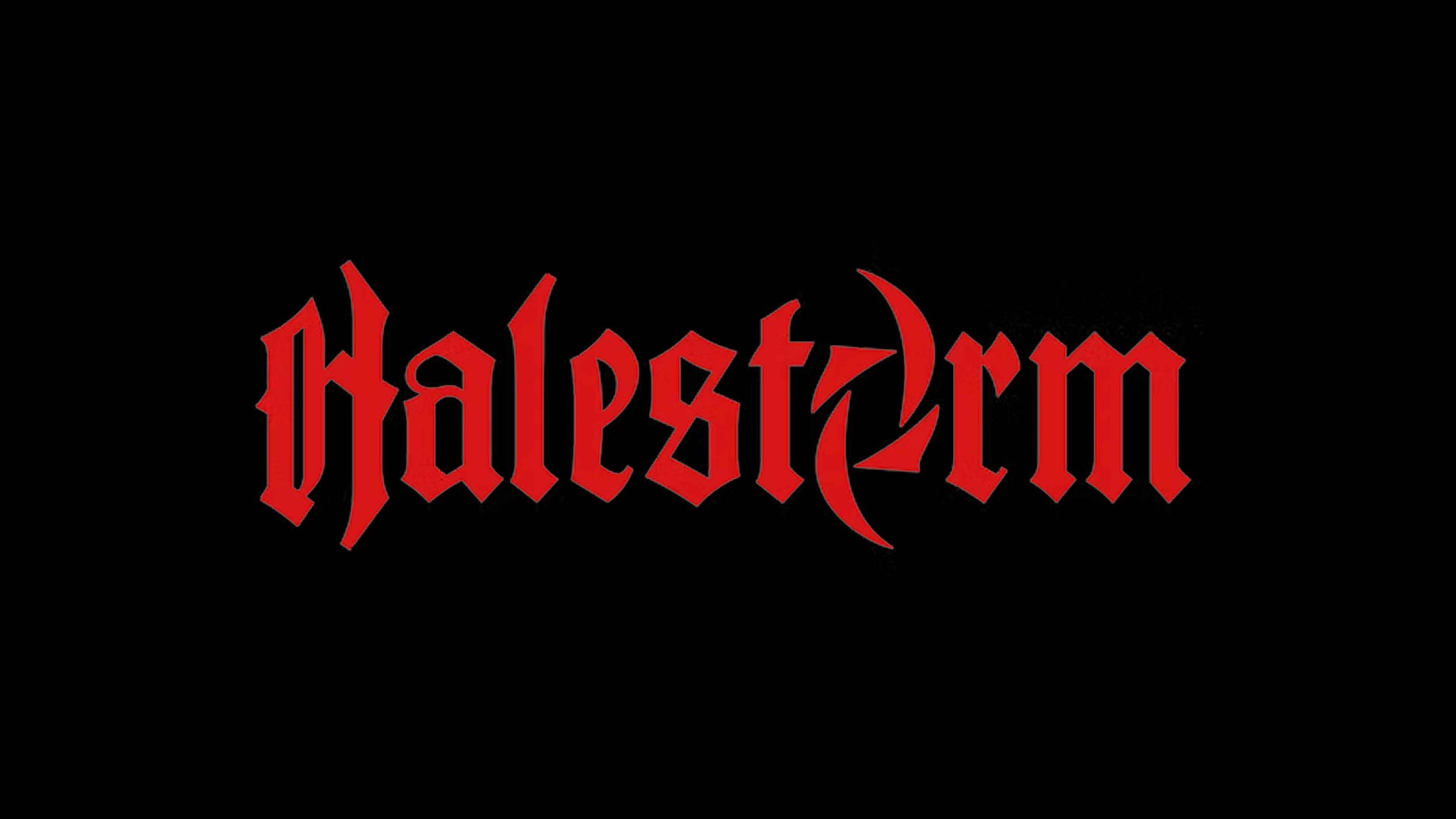 Red Halestorm logo on a black background in Gothic font.