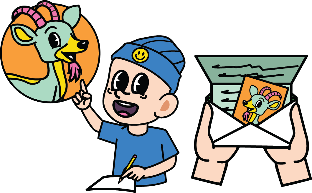 Illustration of a child wearing a blue hat with a smiley face, writing a letter. A thought bubble shows a cartoon goat. An envelope with a letter and goat image is held by hands.