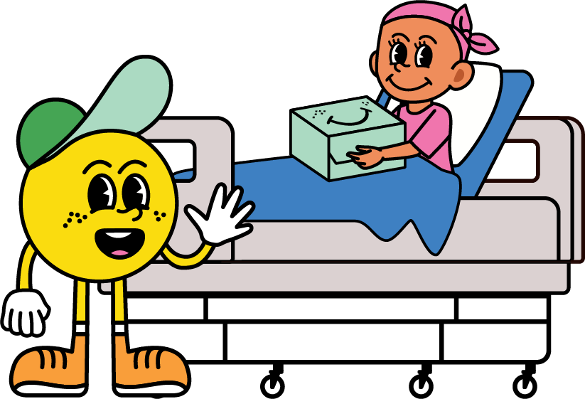 Illustration of a smiling yellow cartoon character with a green cap waving beside a hospital bed. The bed has a smiling child wearing a pink bandana and holding a box.