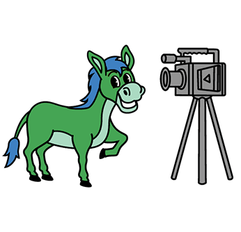 Cartoon green donkey smiling at a video camera on a tripod.