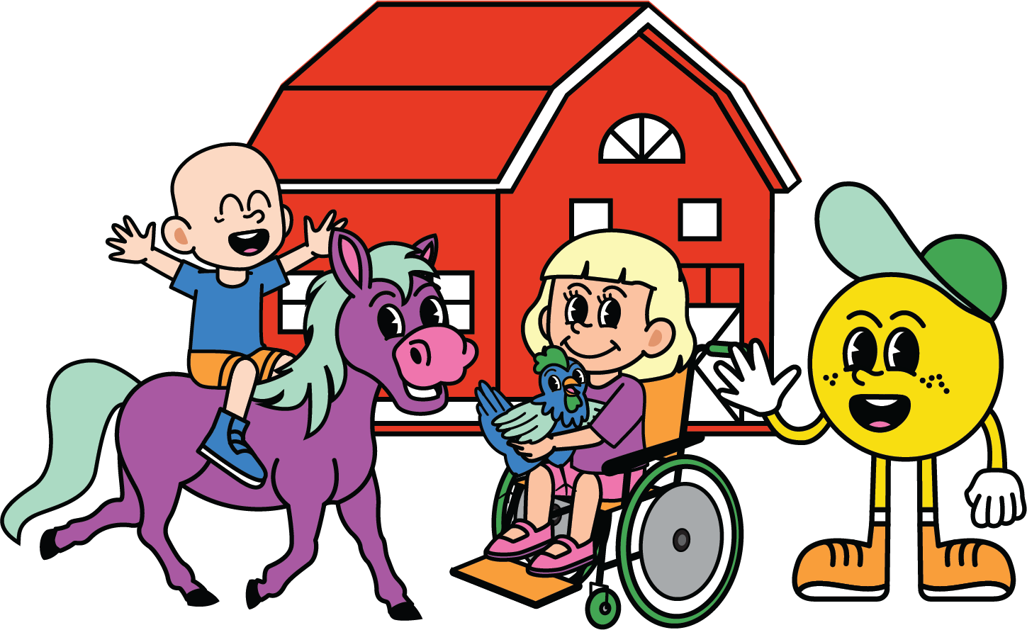 Cartoon scene with a bald child on a purple horse, a girl in a wheelchair with a chicken, a smiling yellow character, and a red barn background.