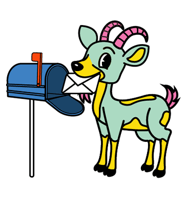 Cartoon goat with mail in mouth next to mailbox.