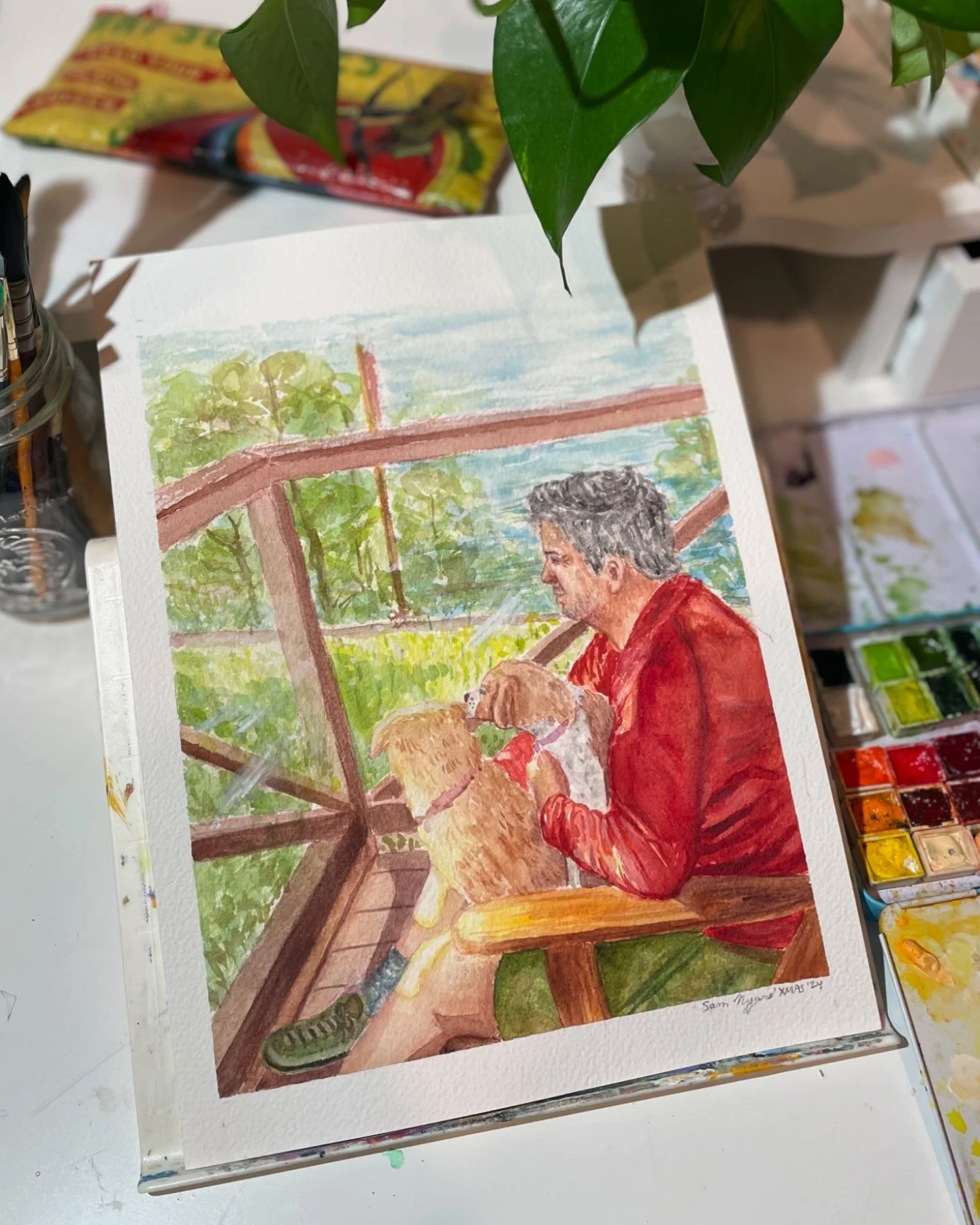 I took a break from knitting socks and dog sweaters to make this watercolour painting as an Xmas gift. I&rsquo;ve never done a 100% watercolour portrait before (like no gouache [except for highlights] no pencils) so it was a challenge but I&rsquo;m o