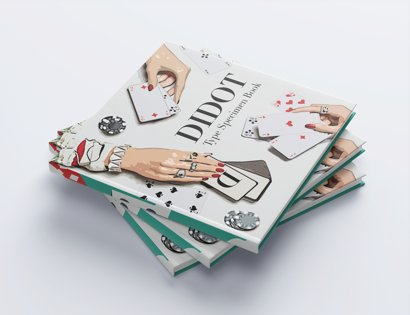 Stack of books with illustrated covers featuring hands holding playing cards and poker chips. Title: DIDOT Type Specimen Book.