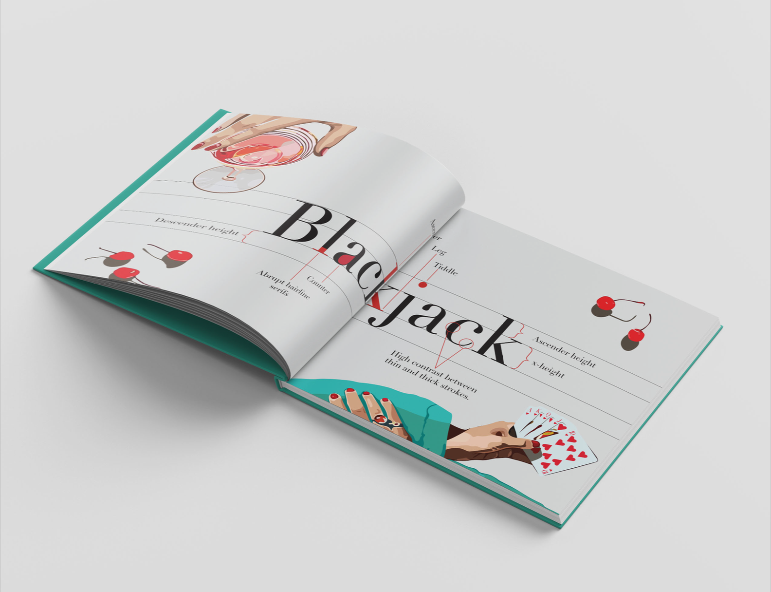 Open book with typography and illustration on blackjack theme, featuring cherries, hand holding cards, and cocktail.